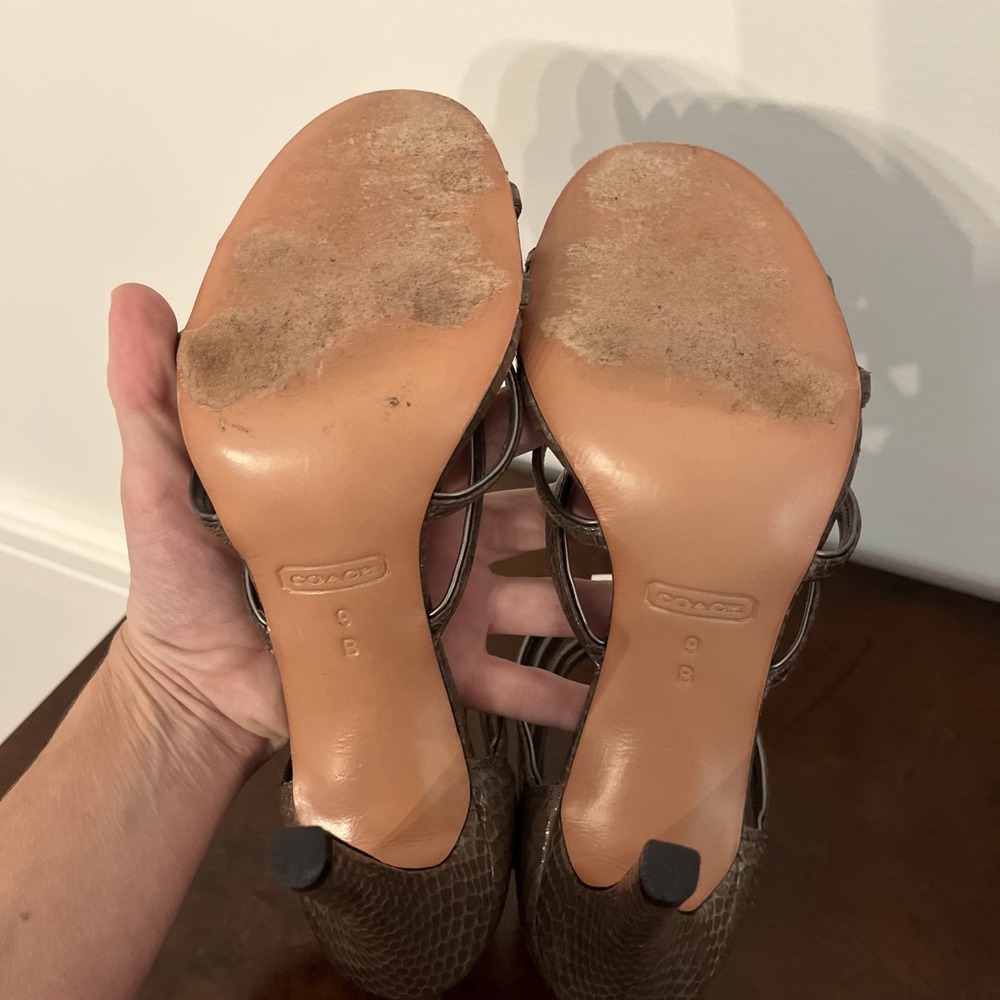Coach Lanice High Heels 9 Snakeskin Embossed Strappy Sandals Zip Back Taupe Gray - Picture 5 of 8
